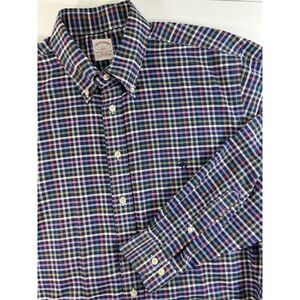 Brooks Brothers Mens Large Long Sleeve Button Down Blue Plaid‎ Check Shirt Logo